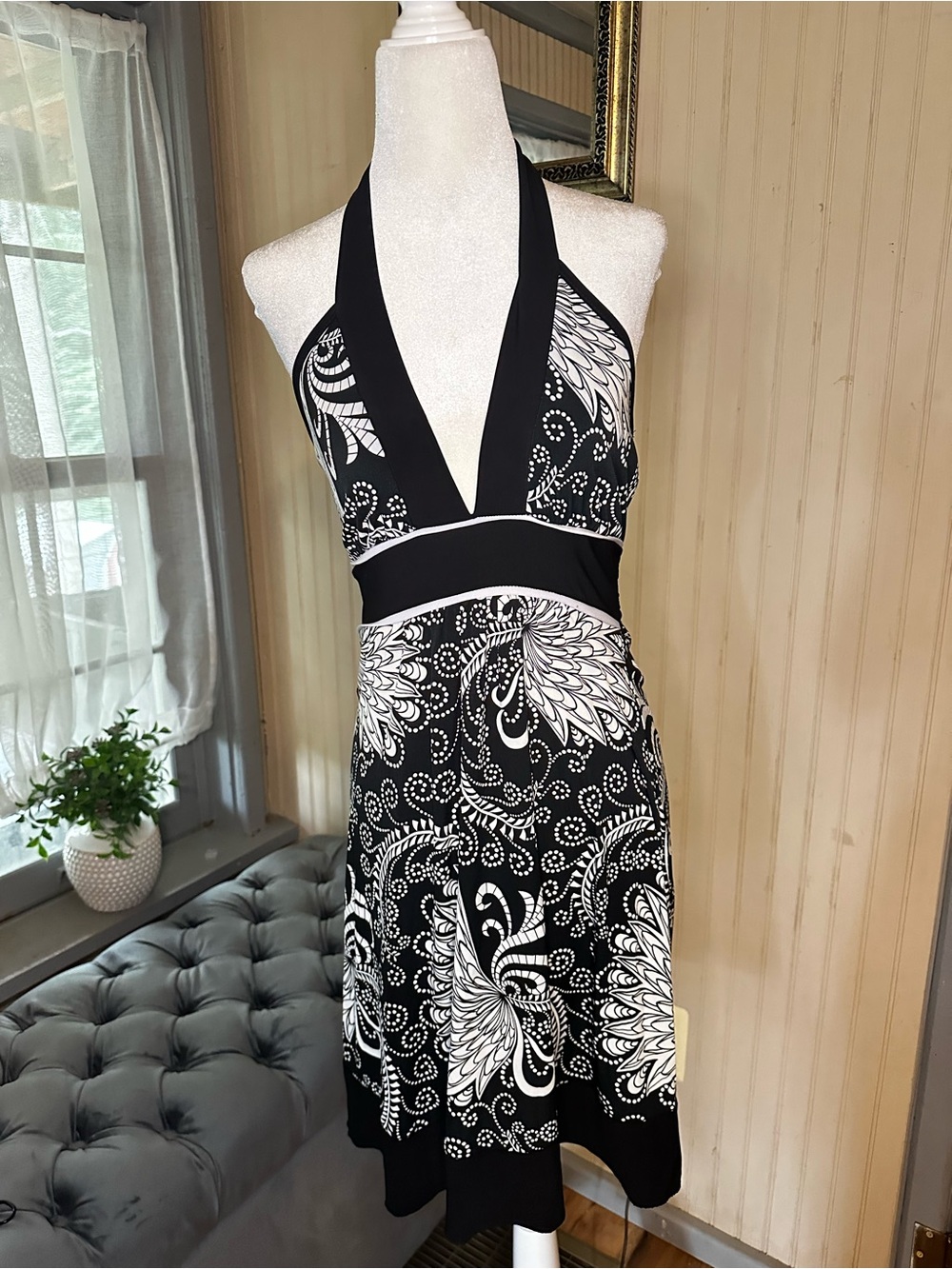 Y2K Wet Seal Halter Dress Black White Paisley Tie Back Mini Dress Mcbling Size M
